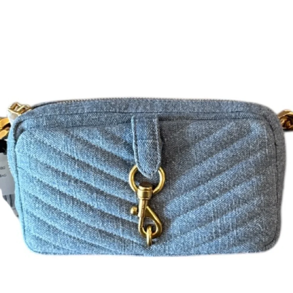 Rebecca Minkoff Eddie Blue Denim Chevron Quilted Gold Chain Belt Bag NWT